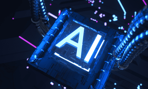 Logo de IA con luces azules brillantes que emiten un resplandor.